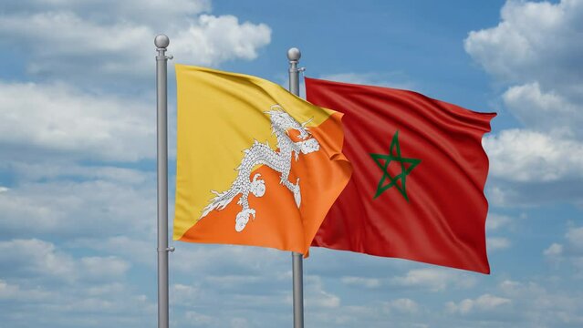 Morocco and Bhutan two flags waving together, looped video, two country relations concept