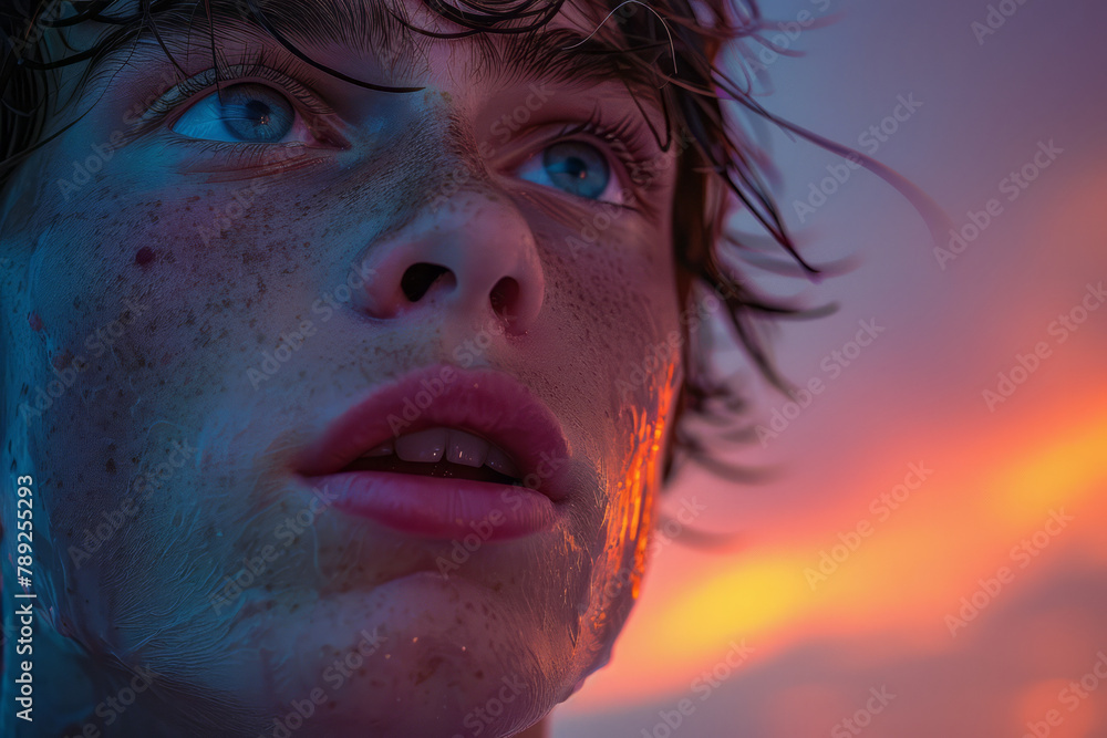 Poster an image showing a portrait of a person with eyes that match the strikingly vivid violet of the twil