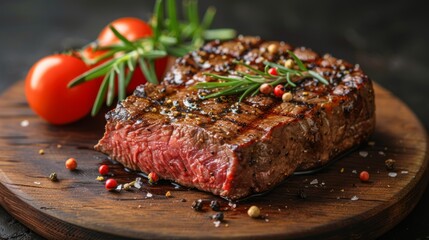 Plate with delicious grilled steak on table, closeup. Space for text