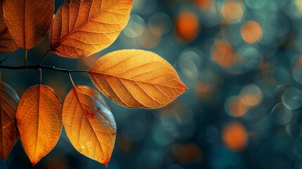 Colorful autumn leaves on blue background with copy space for text.