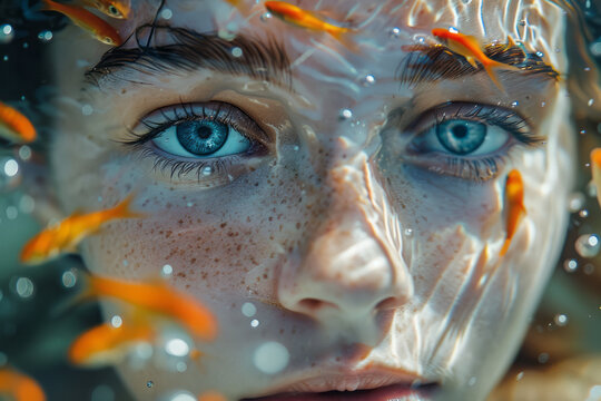 An image showing a person with eyes that are deep pools of water, fish swimming visibly within.