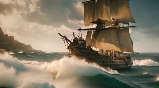 Animation of a majestic pirate ship sailing on the open sea.
