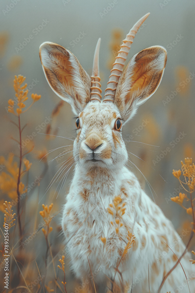 Poster an image showing a rabbit with long, antelope-like horns, hopping gracefully across a meadow.
