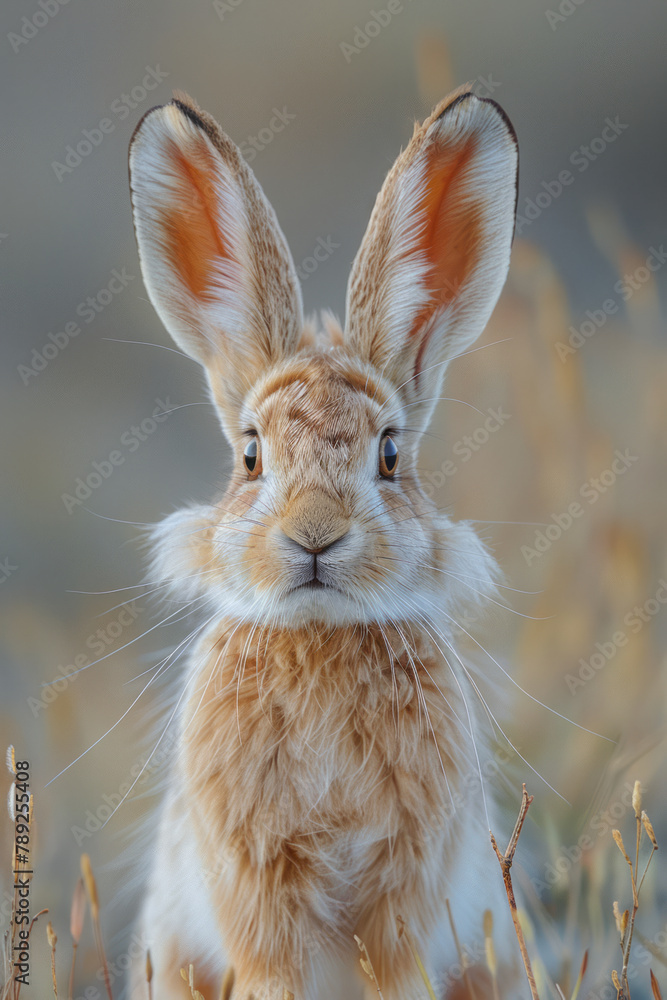 Poster an image showing a rabbit with long, antelope-like horns, hopping gracefully across a meadow.