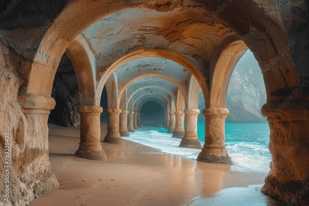 Poster an image showing a series of archways on a beach that, from a distance, appear to be a giant sandcas