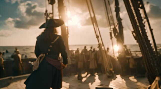 Picture of a pirate captain hoisting the black flag on the ship's deck.
