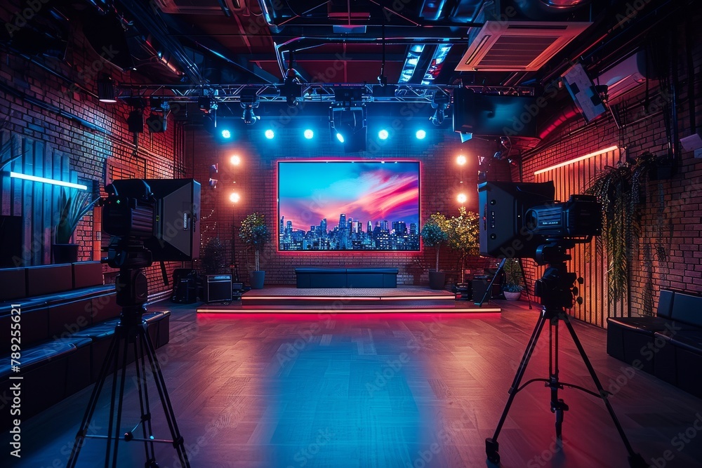 Poster a professionally lit empty stage set for a performance with vibrant lighting and urban skyline backd