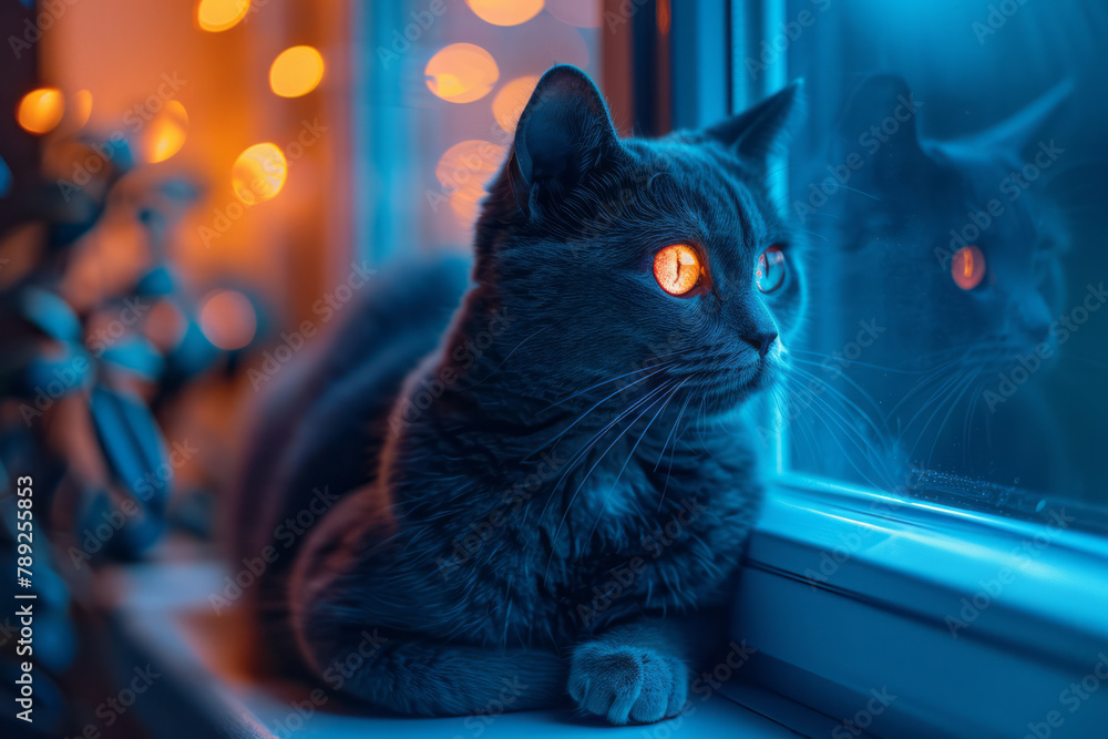 Poster A depiction of a cat with glowing, robotic eyes that change color based on its mood, perched silentl