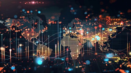 Financial market analytics graph on a world map background, scale of pieces and stock markets