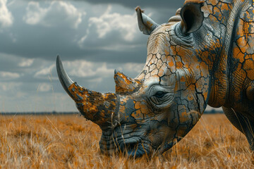 Fototapeta premium A depiction of a rhinoceros with skin that resembles cracked earth, blending into the savannah lands