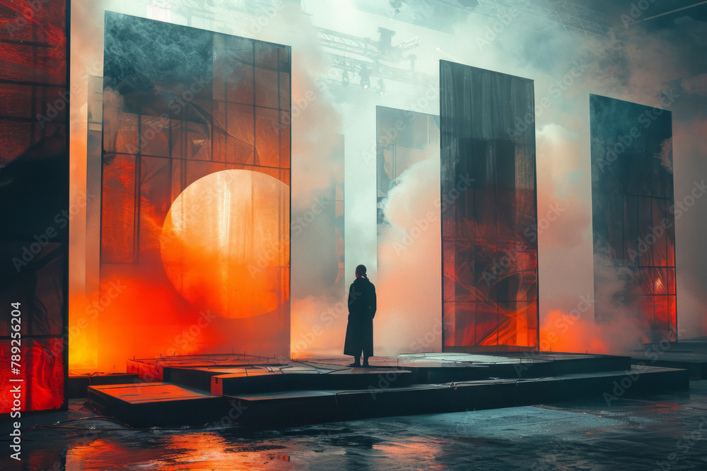 Fototapete a depiction of a set designer constructing a stage for a play, where every element of the set featur