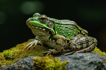 Fototapeta premium A vibrant green frog with striking eye detail perches atop a mossy rock, exemplifying wildlife and amphibian photography
