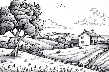 : A peaceful countryside scene with rolling hills and a quaint farmhouse, inked with gentle curves