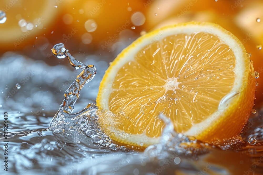 Poster vivid orange slice with droplets of water splashing around it, creating a dynamic and fresh feel