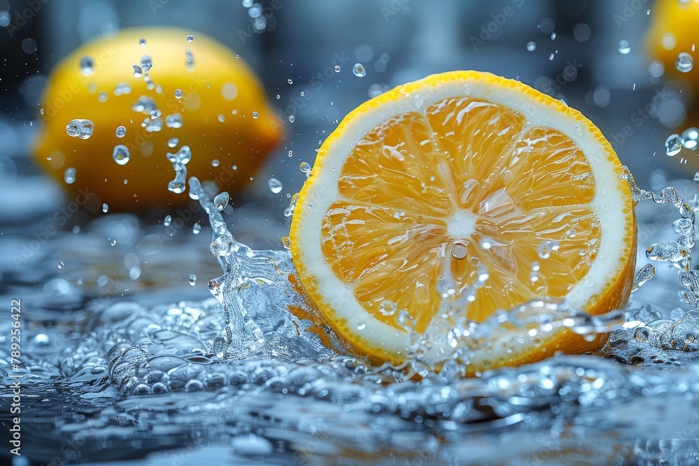 Poster a vibrant close-up of a fresh orange slice with water droplets creating dynamic splashes, showcasing