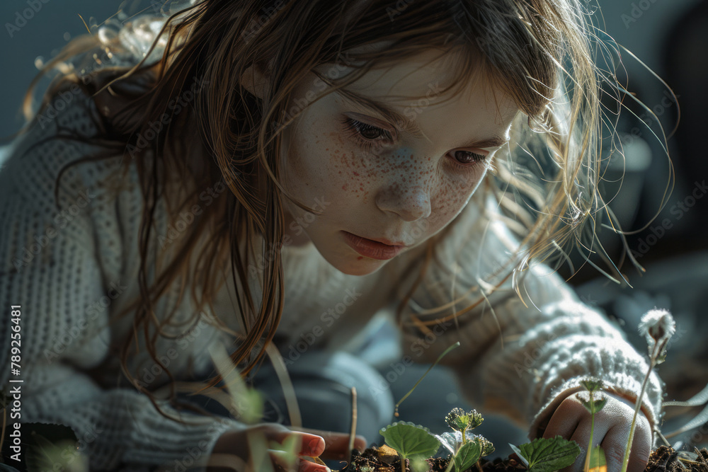 Poster A depiction of a child crouched in a garden, fingers spreading into roots that intertwine with the e