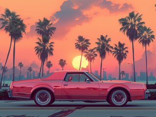 A vintage-inspired illustration of retro car with pastel colors, reminiscent of classic summer experiences