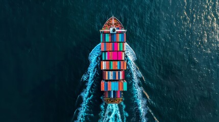High aerial top down view of a large container cargo ship in motion over open ocean with copy space as a concept for import and export industry - obrazy, fototapety, plakaty