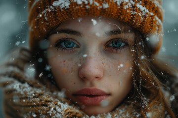 A depiction of a woman whose breath in the cold air transforms directly into a flurry of snowflakes,