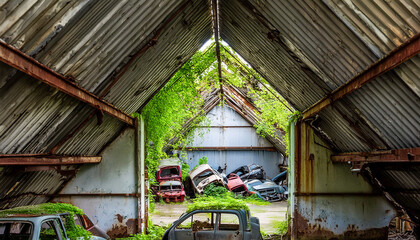 Run down warehouse with abandoned cars - obrazy, fototapety, plakaty