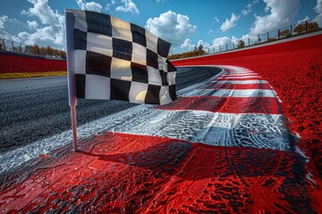 A checkered flag waving at a track's corner symbolizing victory and the end of a racing event against a vibrant red track