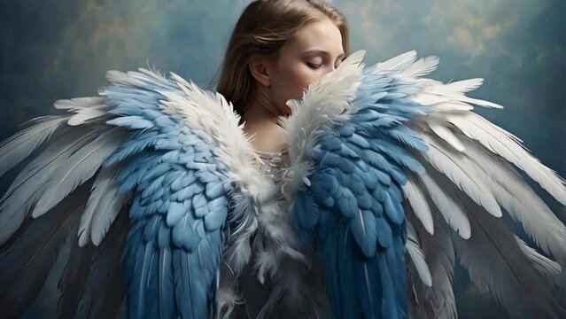 woman, beauty, face, blond, angel, wings, fur, feather, religion, pray, heaven, holy, white, blue, fantasy, spirit, god, fly, faith, flight, dream, sensuality, eyes, elegance, one, dress, cold, model,