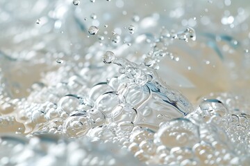 A high-resolution image capturing the dynamic movement of water droplets suspended mid-air, showcasing the clarity and purity of water