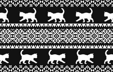Cat pattern. Seamless. White stripes, blown background. Ethnicity. Floral patterns, printed fabrics, pants, Lanna.	