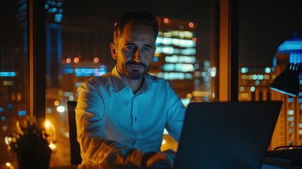 Late at Night in Private Office Male Businessman Works on a Laptop Computer. He Look at the Camera with Smile. Data Protection Engineering Network for Cyber Security. Business Concept