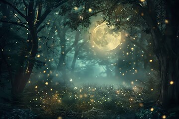 : A mystical forest with a full moon and glowing fireflies