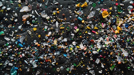 Close-up of microplastic particles background. Environmental water pollution problem of rubbish and trash in the oceans and seas - 789257678