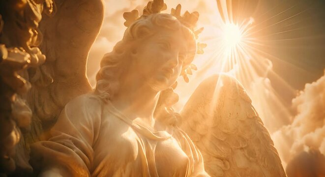 Close-up of heavenly guardian angel with wings in skies: archangel, ethereal spirit adorned with wings. Depiction of divine presence, symbolizing faith, afterlife, and blessings