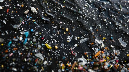 Close-up of microplastic particles background. Environmental water pollution problem of rubbish and trash in the oceans and seas - 789257810