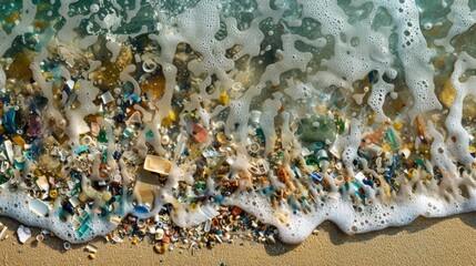 Background with microplastic particles floating in ocean or sea water. Environmental plastic pollution problem of rubbish and trash - 789258008