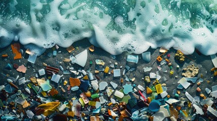 Background with microplastic particles floating in ocean or sea water. Environmental plastic pollution problem of rubbish and trash - 789258016