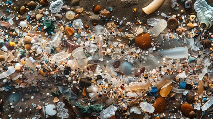 Background with microplastic particles floating in ocean or sea water. Environmental plastic pollution problem of rubbish and trash