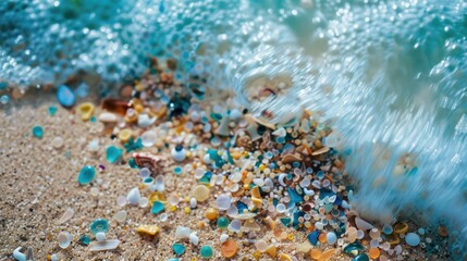 Background with microplastic particles floating in ocean or sea water. Environmental plastic pollution problem of rubbish and trash - 789258061