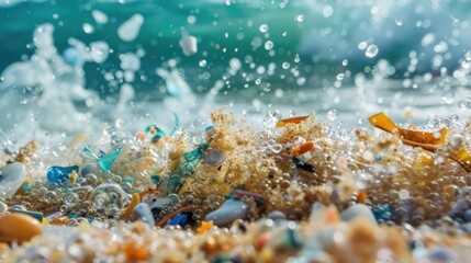 Background with microplastic particles floating in ocean or sea water. Environmental plastic pollution problem of rubbish and trash - 789258071