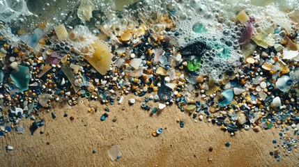 Background with microplastic particles floating in ocean or sea water. Environmental plastic pollution problem of rubbish and trash - 789258079