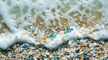 Background with microplastic particles floating in ocean or sea water. Environmental plastic pollution problem of rubbish and trash - 789258224