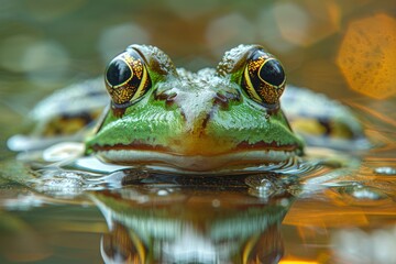 A vivid green frog with detailed textures peeking above tranquil waters, its gaze steady and entrancing