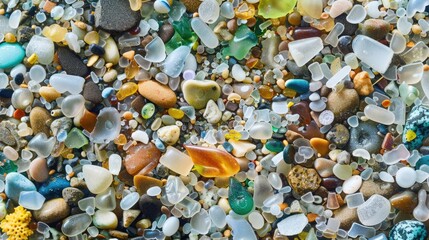 Close-up of microplastic particles background. Environmental water pollution problem of rubbish and trash in the oceans and seas - 789258245