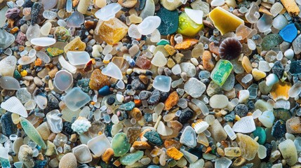 Close-up of microplastic particles background. Environmental water pollution problem of rubbish and trash in the oceans and seas - 789258249