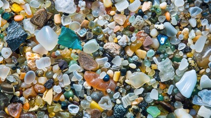 Close-up of microplastic particles background. Environmental water pollution problem of rubbish and trash in the oceans and seas - 789258256