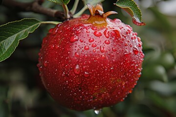 Macro close up of juicy pomegranate on tree with dew drops, wide banner with copy space