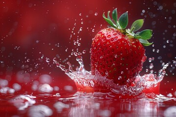 Vibrant red strawberry with green leaves falling into water, causing a dramatic splash and water droplets
