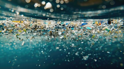 Background with microplastic particles floating in ocean or sea water. Environmental plastic pollution problem of rubbish and trash - 789258294