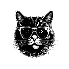 Stylish Cat Wearing Sunglasses Black and White. Hand drawn style. Vector illustration design