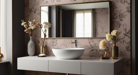 Modern retro colorful bathroom with basin and big mirror on the wall - obrazy, fototapety, plakaty