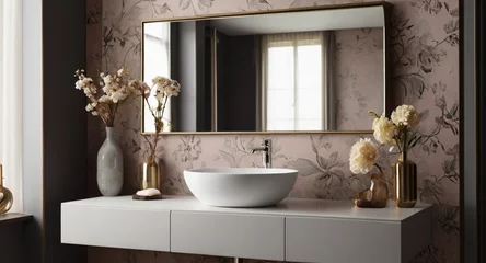 Fotobehang Modern retro colorful bathroom with basin and big mirror on the wall © triocean